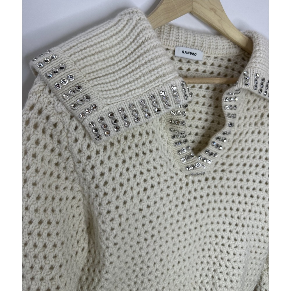 SANDRO Ursule Open Knit Sweater Chunky Pullover Rhinestone Wool Size 2 US M 6 - Picture 7 of 16